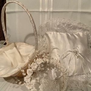 3 Piece White  Wedding Set - Ring bearer Pillow, Flower Girl Basket and Headband